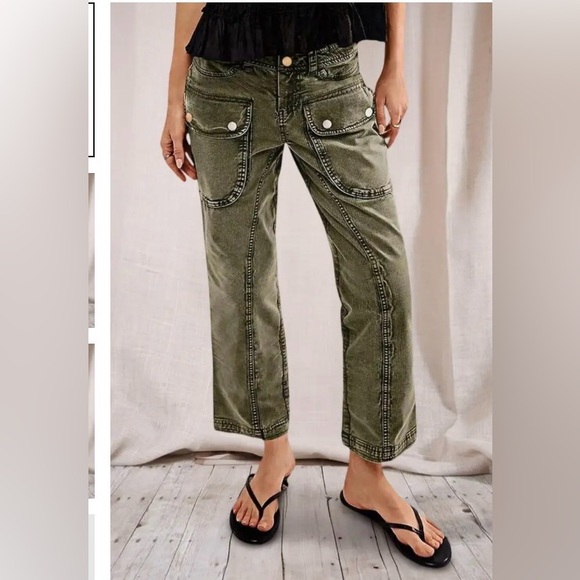 Flamingals Denim - Flamingals Front Flap Pocket Mid Rise Straight Leg Crop Cargo Pants XL NWT